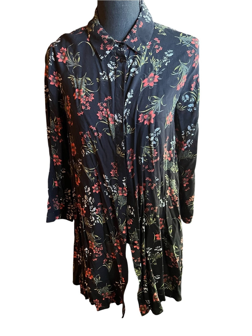 Zara Black Floral Button-Front Shirt Dress